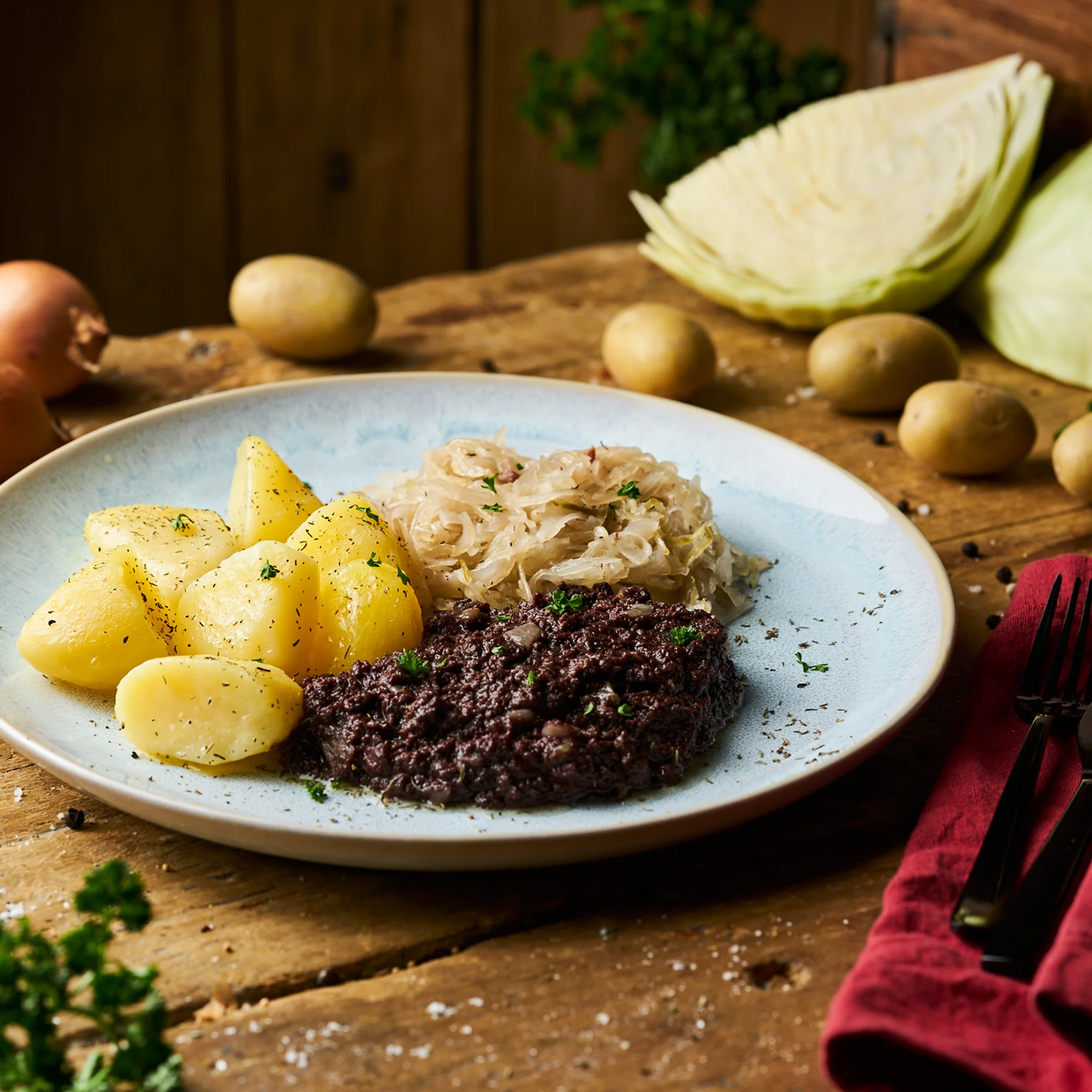 Berliner Blutwurst mit Sauerkraut und Butterkartoffeln