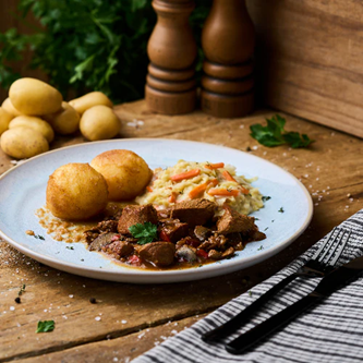 Brauhausgulasch vom Schwein mit Rahmwirsing und Kartoffelklößen