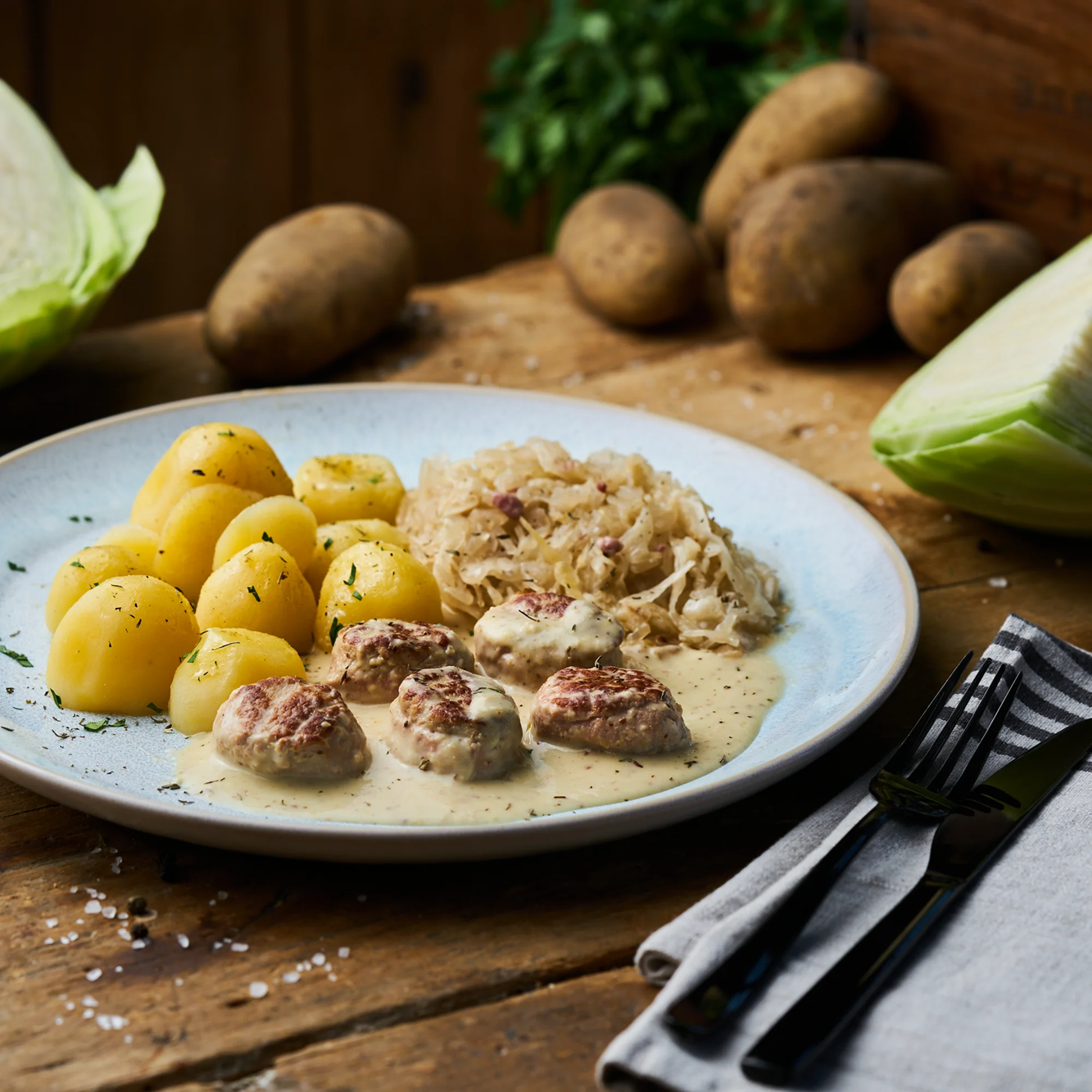 Fleischkäsebällchen in süßer Senfsauce mit Spreewälder Sauerkraut und Butterkartoffeln
