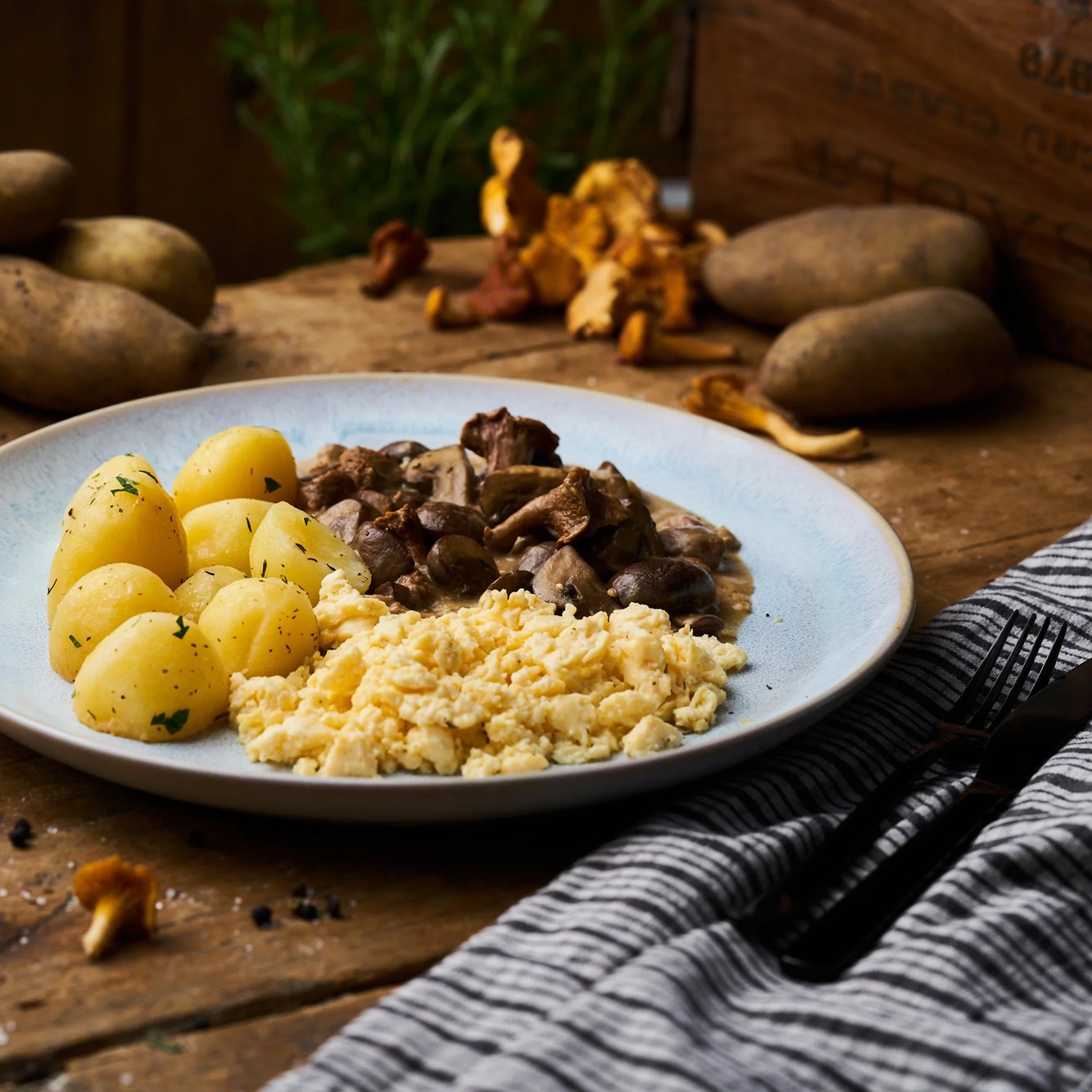 Rührei mit Pfifferlingssauce und Butterkartoffeln Rührei mit Pfifferlingssauce und Butterkartoffeln