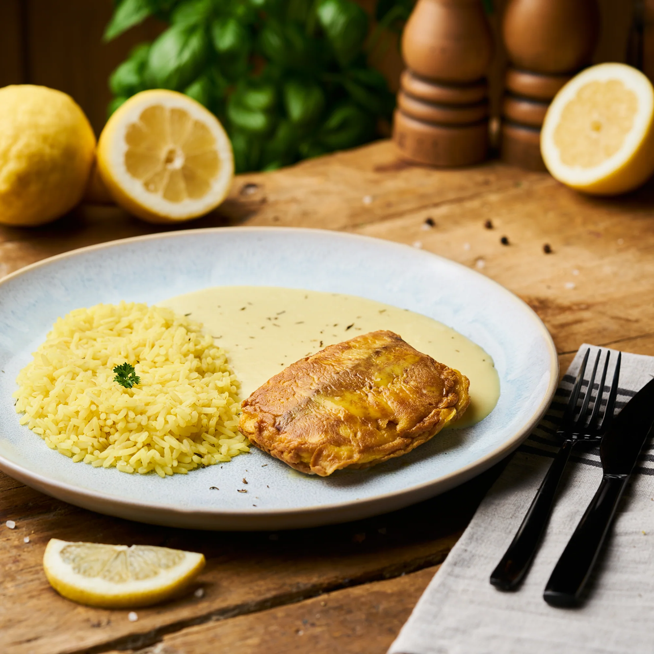 Seelachs in Eigelb an Zitronen-Buttersauce mit Kurkuma-Reis
