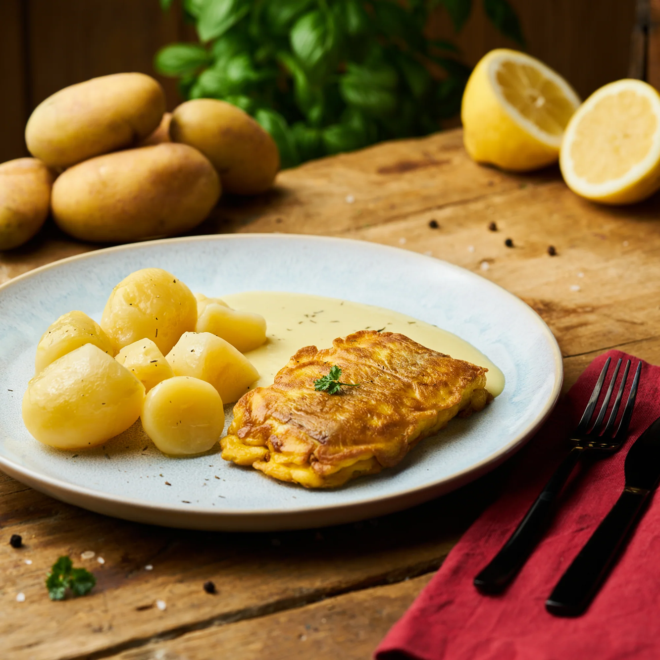 Seelachs in Eihülle an Zitronen-Buttersauce mit Butterkartoffeln